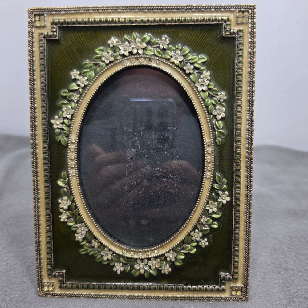 Vintage Ornate Green Enamel Floral Rhinestone Oval Photo Frame Gold Tone Metal